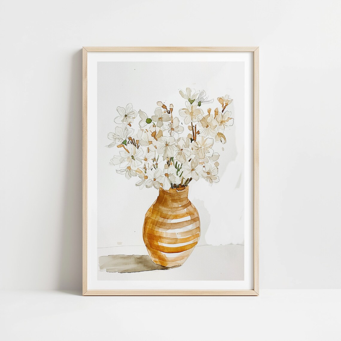 Watercolor White Wildflowers In An Amber Vase On Neutral Tones Print - Image 4