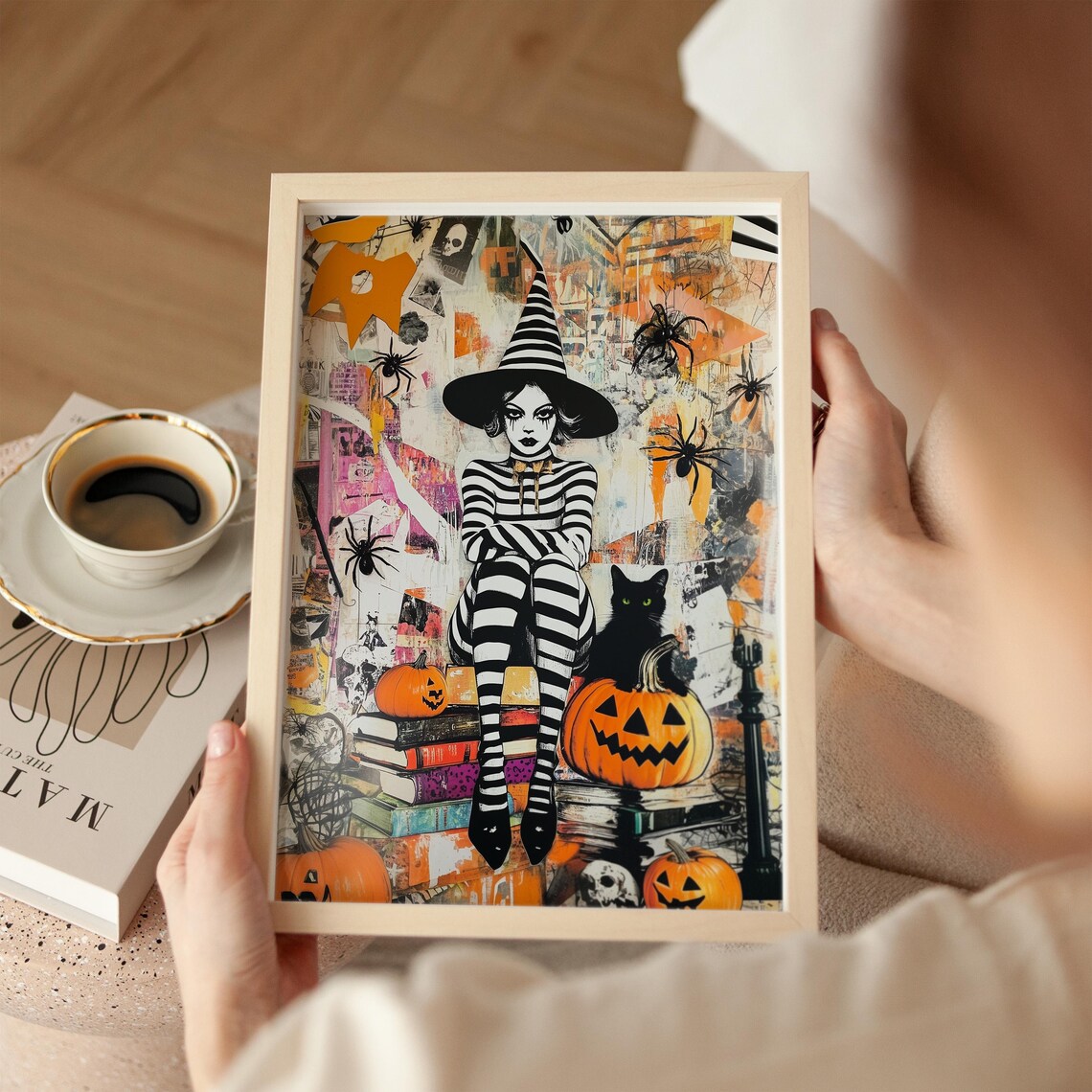 Striped Witch With Black Cat and Pumpkins Orange Collage Halloween Poster - Image 2