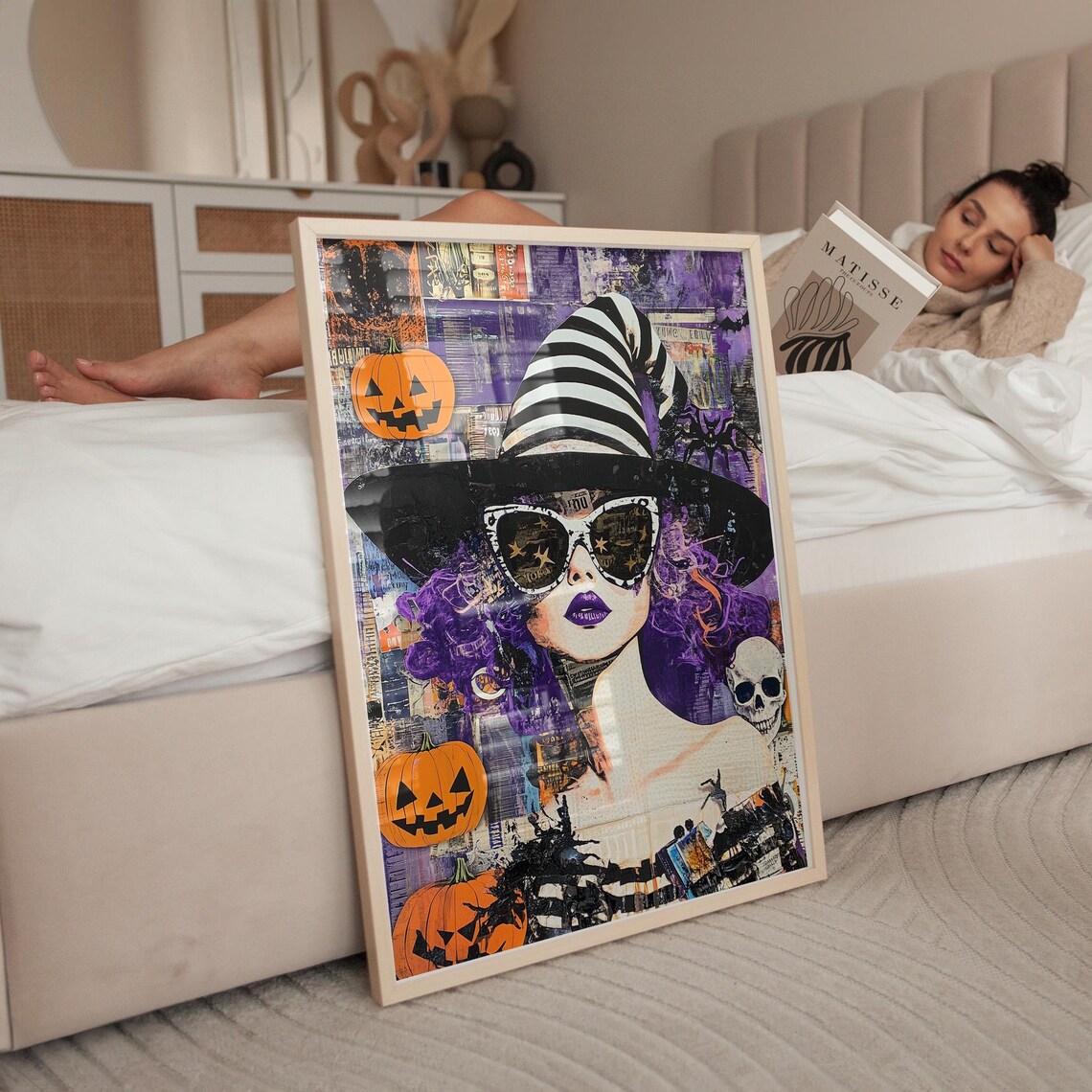 Funky Purple Hair Witch in Sunglasses Halloween Collage Art Poster - Image 2