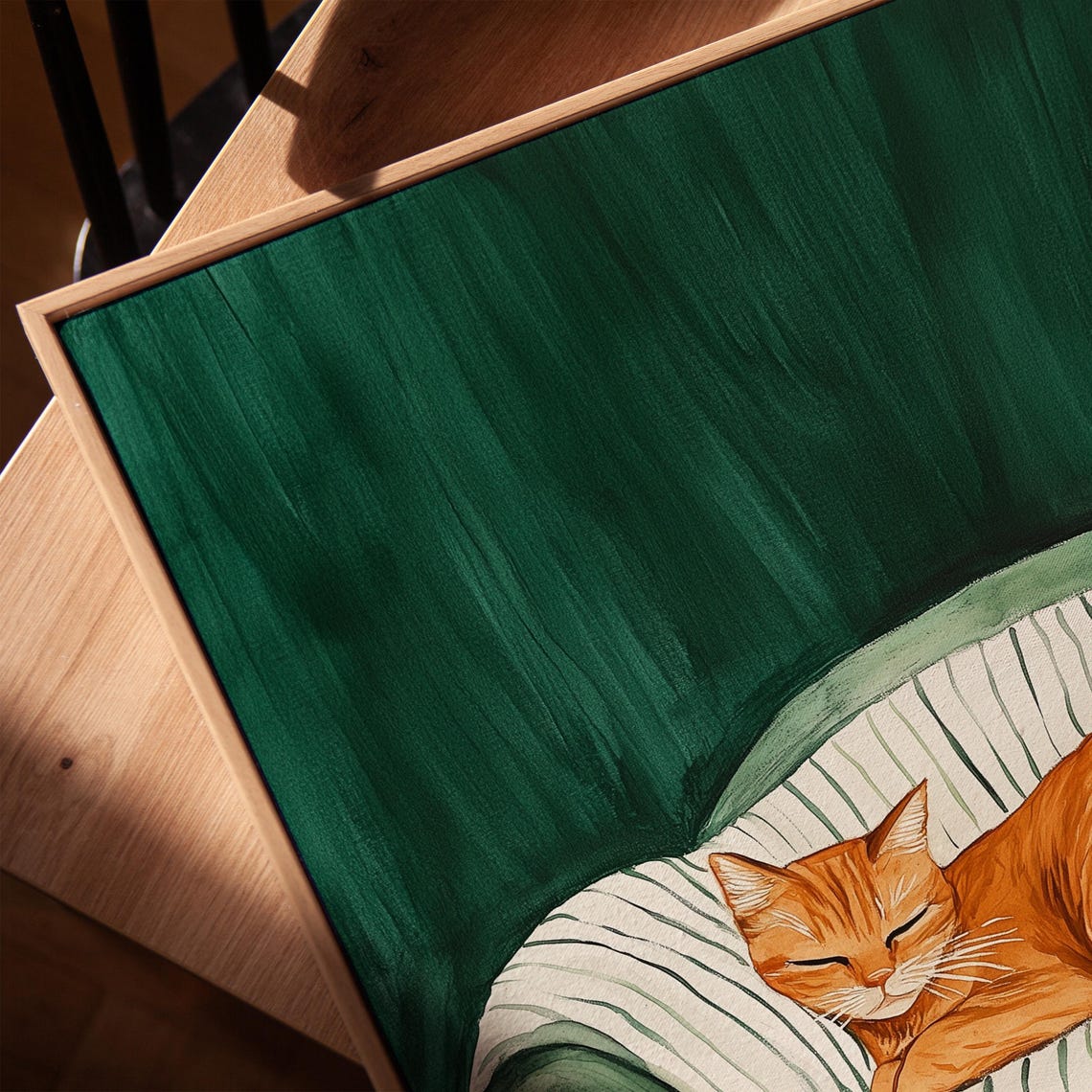 Sleeping Ginger Cat Striped Blanket Green Velvet Chair Cozy Poster - Image 4