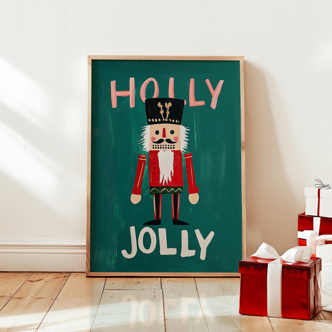 Holly Jolly Nutcracker Soldier in Folk Art Christmas Style Poster