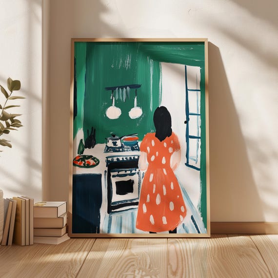 Woman Cooking Print, Modern Kitchen Decor Art Print