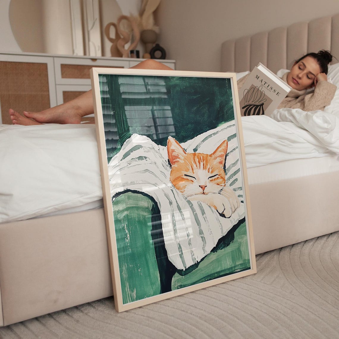 Sleeping Orange Tabby Cat on Striped Pillow Cozy Feline Poster - Image 2