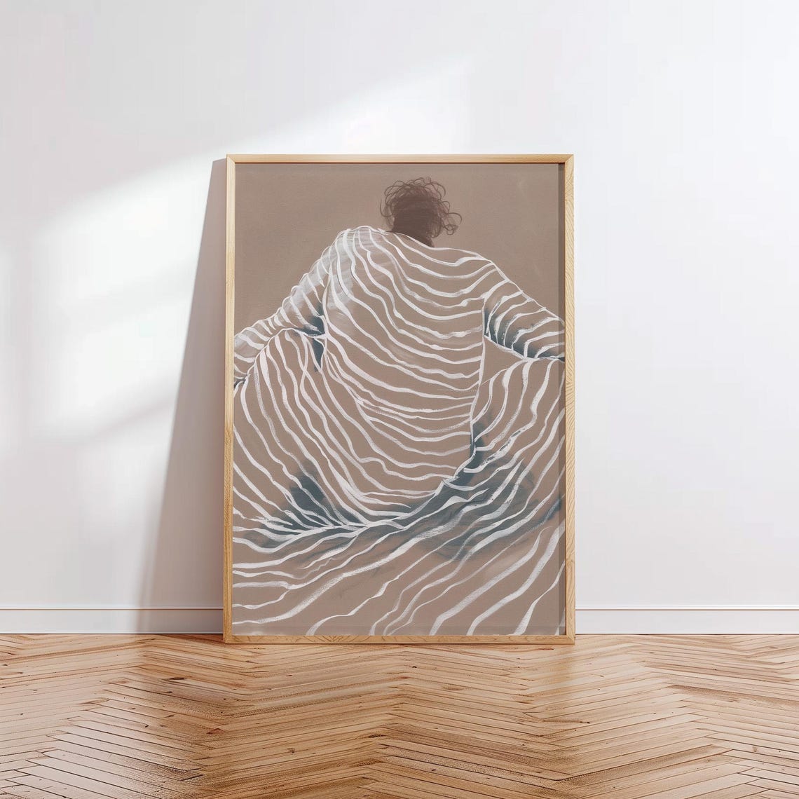 Woman Wrapped in Wavy Striped Blanket Neutral Abstract Figure Poster - Image 3