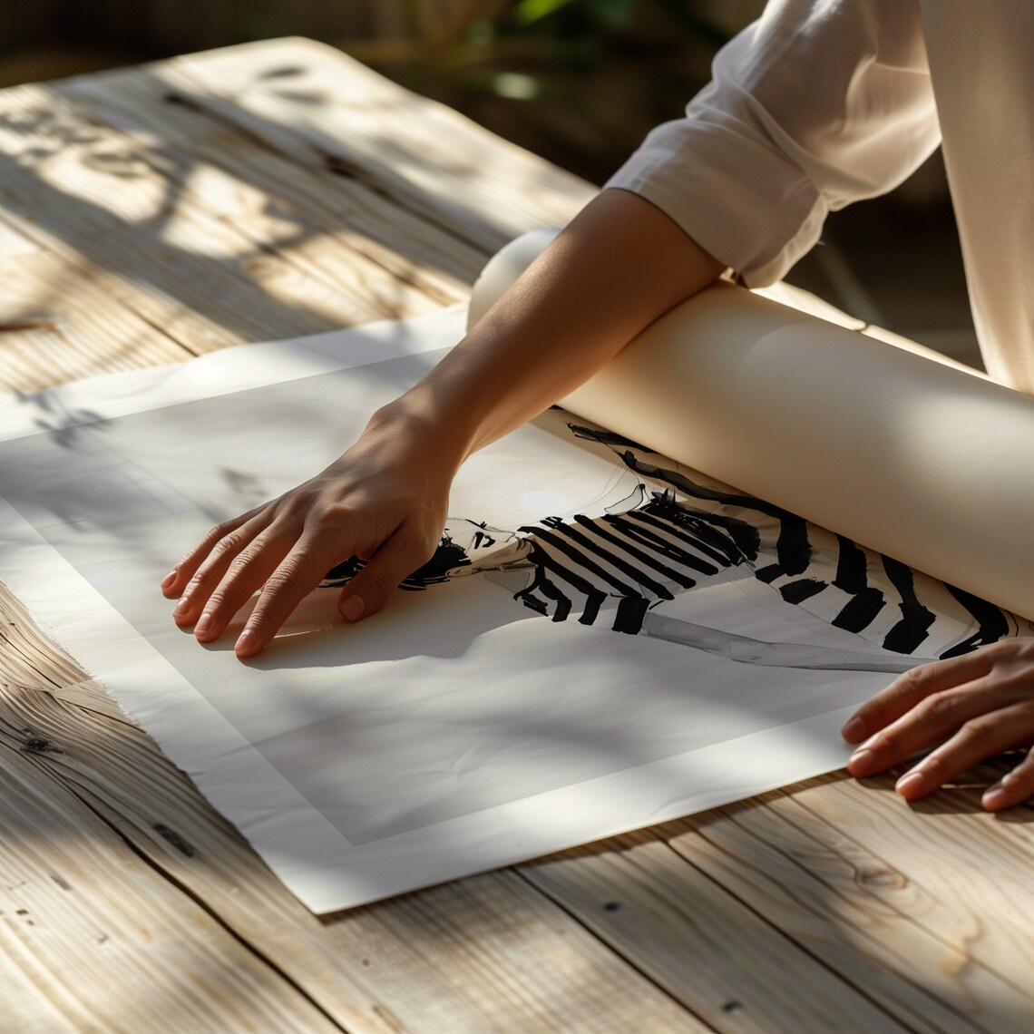 Woman in Flowing Striped Dress Black and White Fashion Poster - Image 2