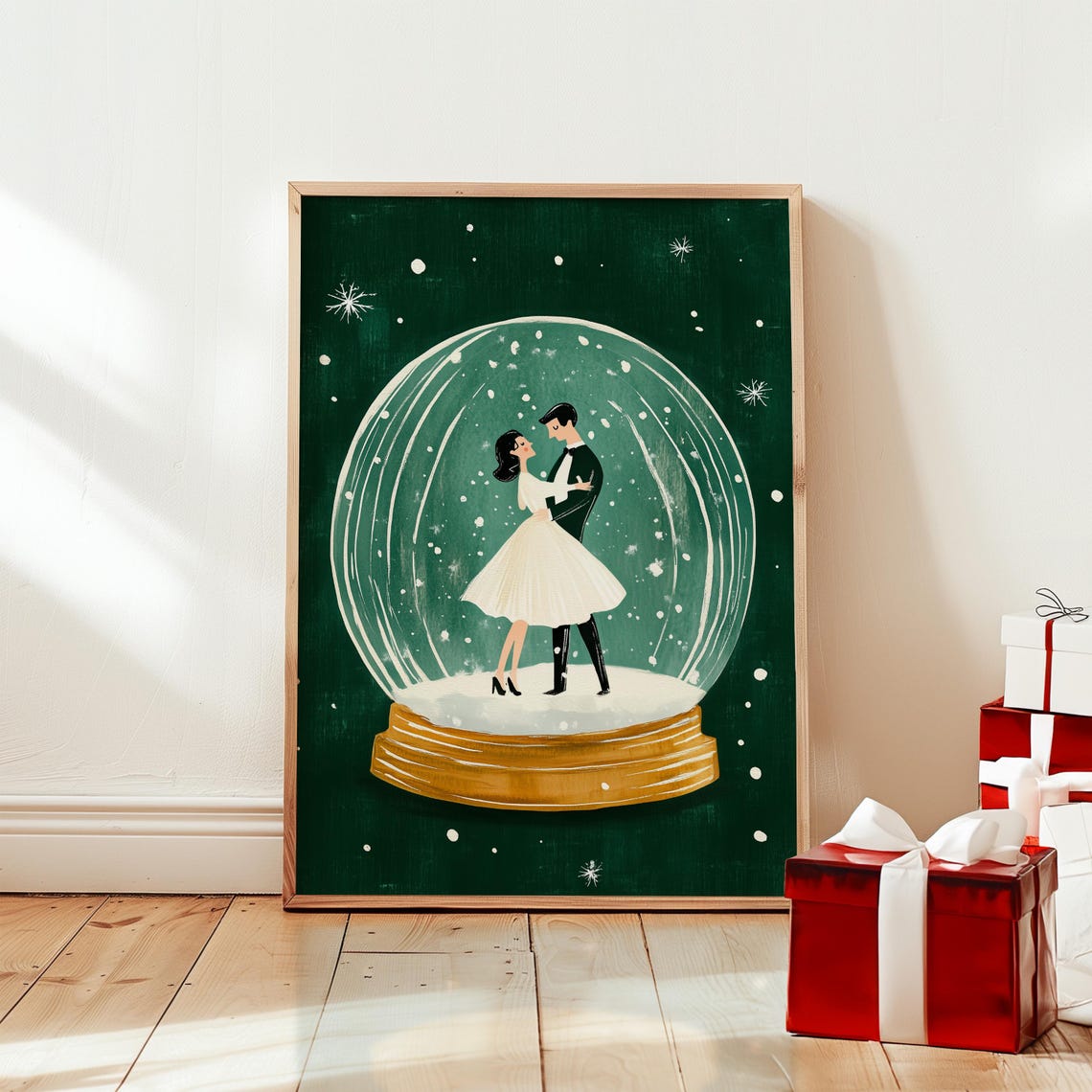 Romantic Couple Dancing Inside Christmas Snow Globe Holiday Poster
