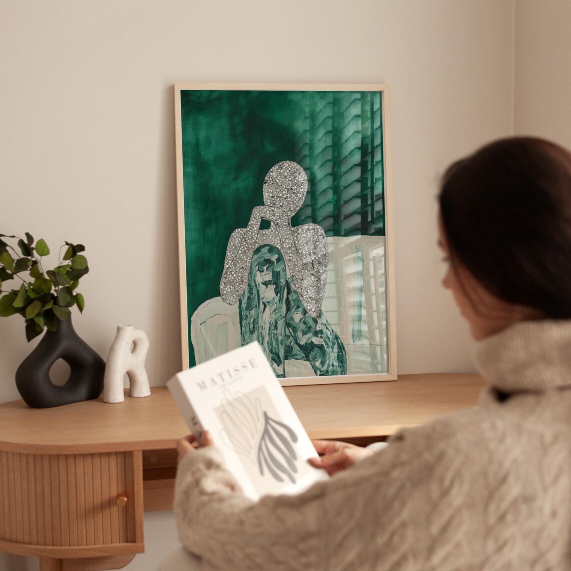Abstract Figure Art Print Textured Contemplative Figure Illustration Green And White Minimalist Decor Emotional Modern Wall Art - Image 4