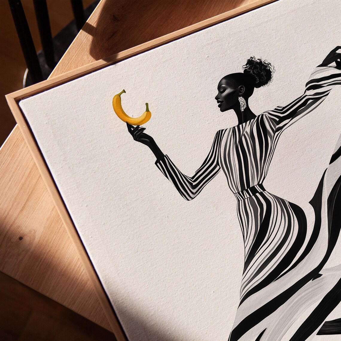 Dancing Woman In Striped Dress Holding Gold Crescent Moon Wall Art - Image 2