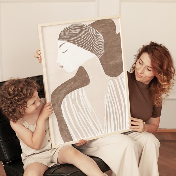 Minimalist Woman Profile In Beige And Taupe Abstract Portrait Wall Art