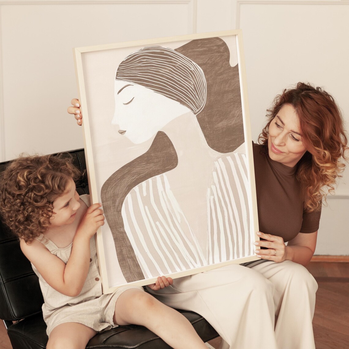 Minimalist Woman Profile In Beige And Taupe Abstract Portrait Wall Art