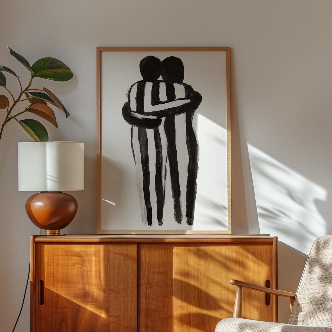 Abstract Couple Hugging Ink Style Black White Minimalist Poster - Image 3