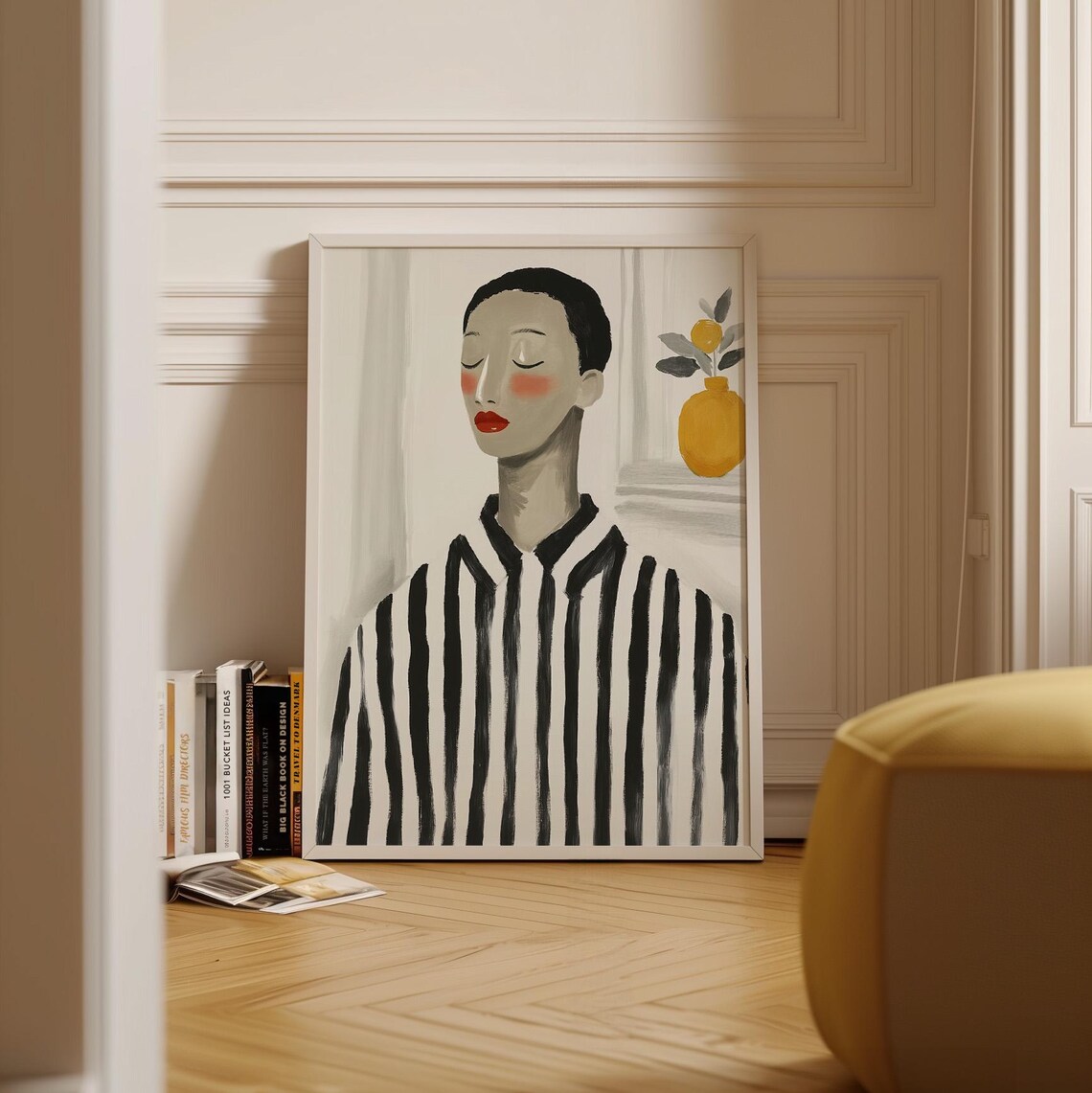 Serene Woman in Striped Shirt With Lemon Vase Minimalist Poster