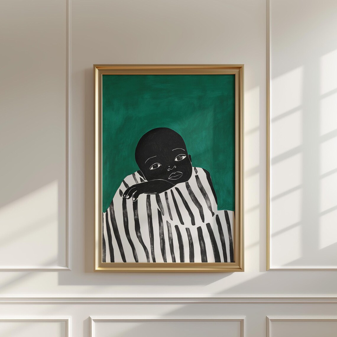 Minimalist Black Child Silhouette Emerald Green Nursery Wall Art