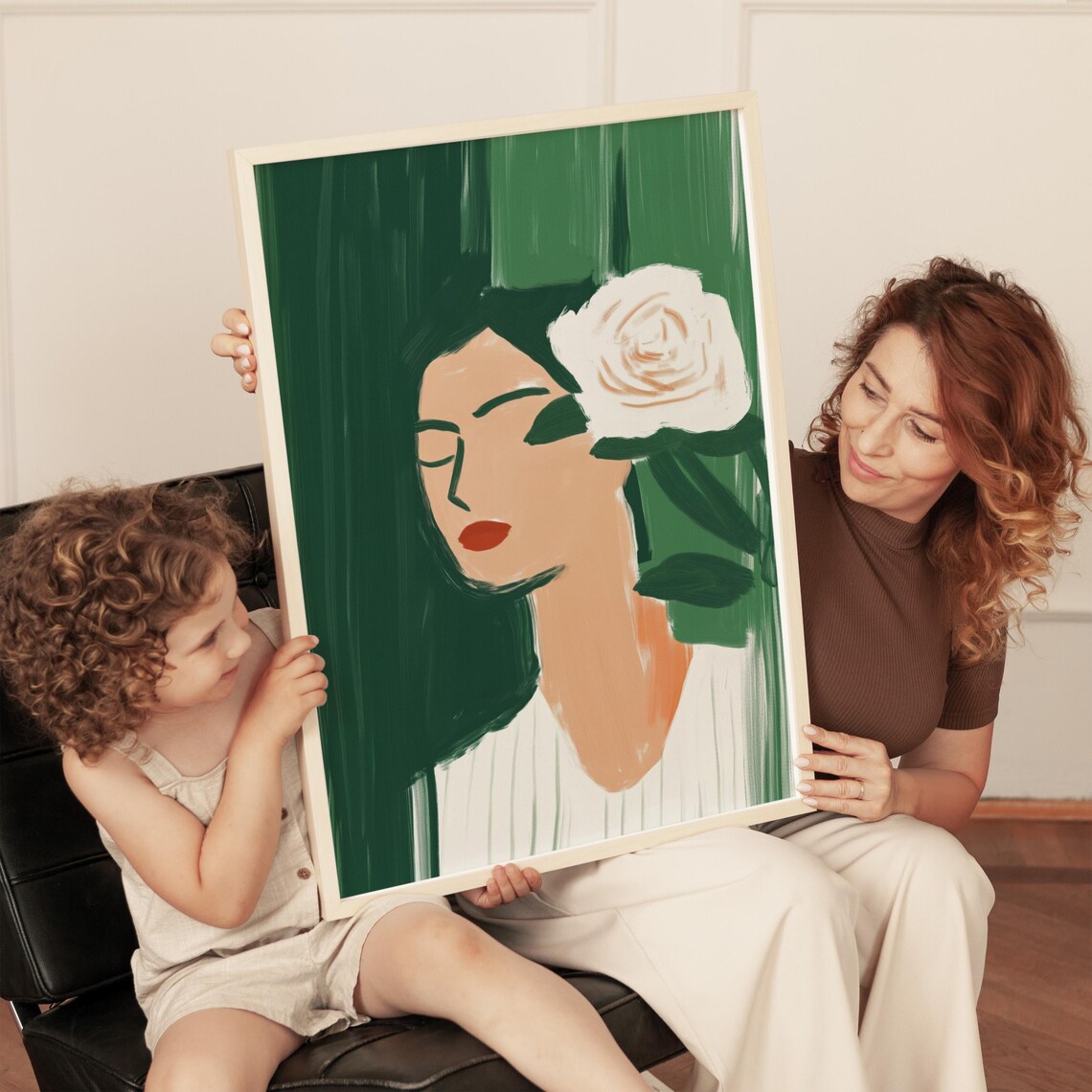 Woman With White Rose In Hair Emerald Green Minimalist Portrait Poster