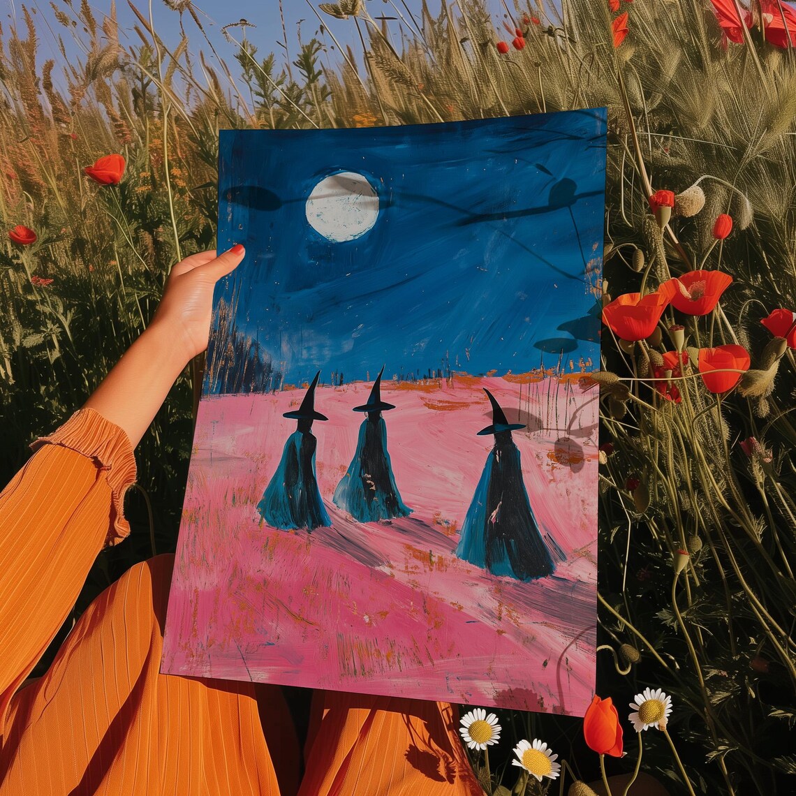 Witch Silhouettes Under Full Moon Pink Night Field Magical Halloween Art Poster - Image 4