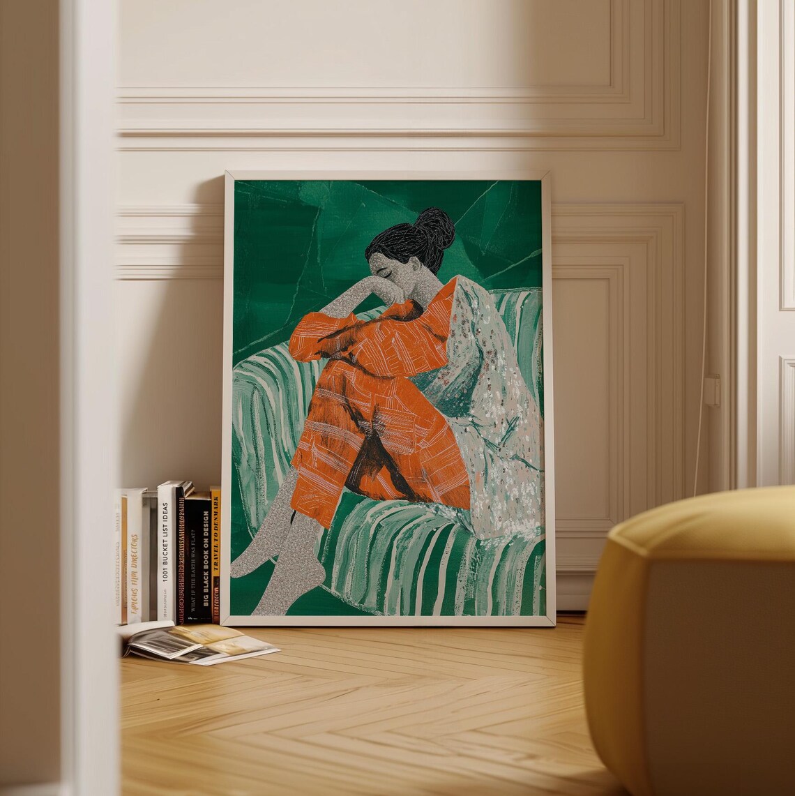 Abstract Woman In Orange And Green Art Print Modern Cozy Reading Artwork Emotional Portrait Introspective Home Decor Self Care Wall Art