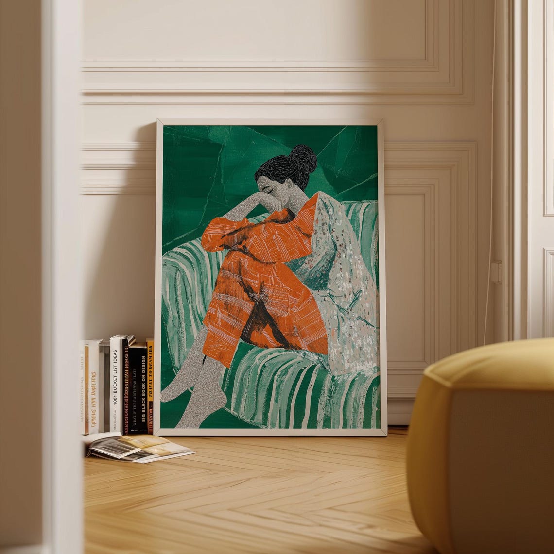 Woman in Orange Pajamas Resting on a Green Striped Sofa Poster