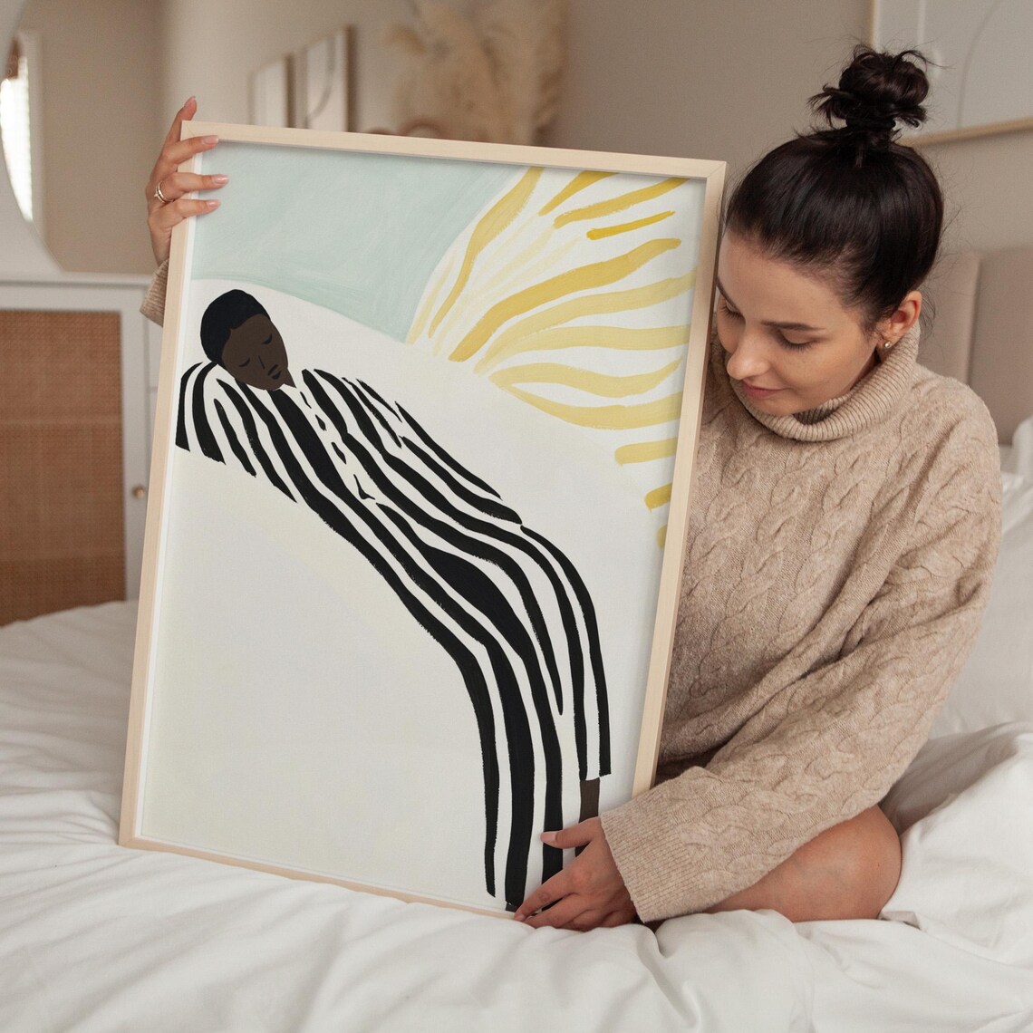 Reclining Woman In Striped Robe With Rising Sun Abstract Art Poster - Image 5
