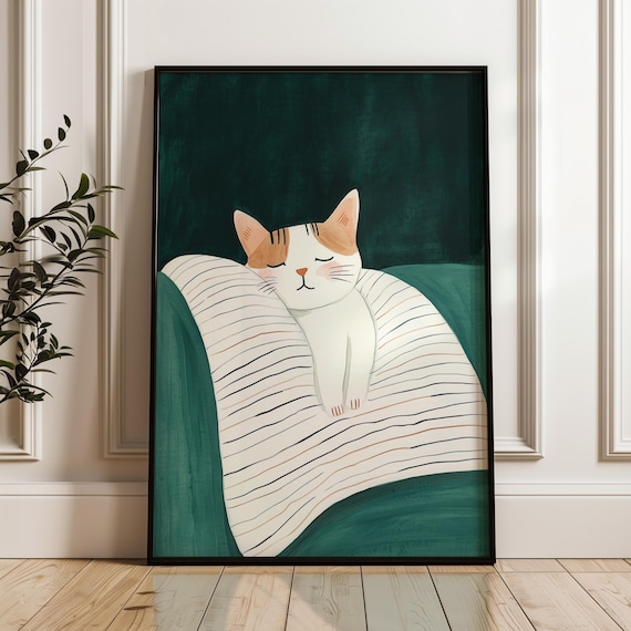 Sleeping Cat Curled Up On Striped Cushion Illustration Poster