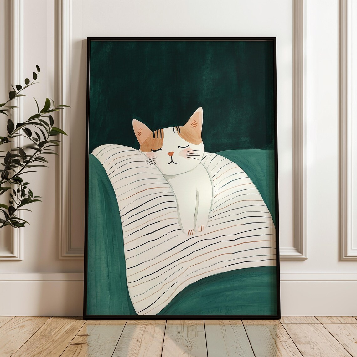 Sleeping Cat Curled Up On Striped Cushion Illustration Poster