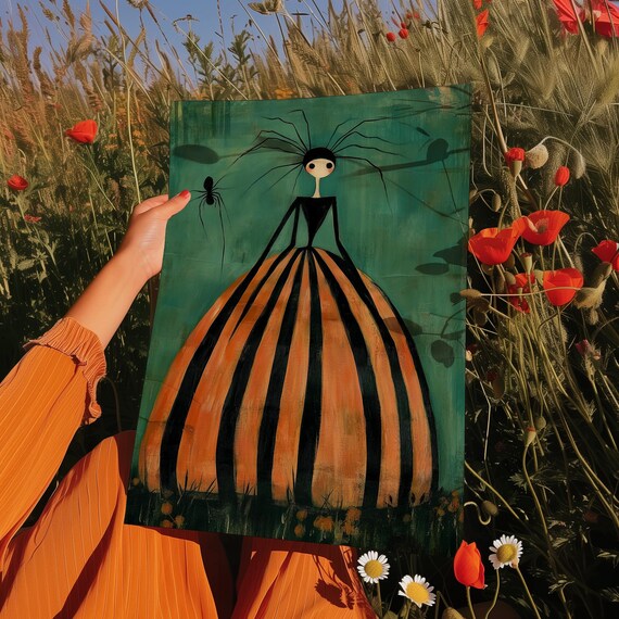 Whimsical Spider Hair Girl in Striped Dress Halloween Art Poster