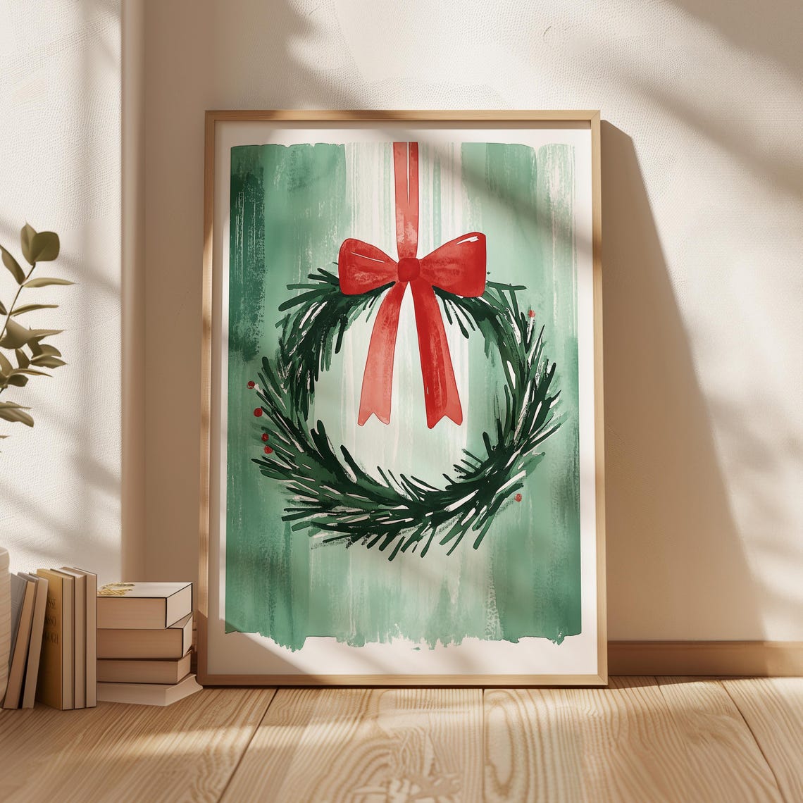 Green Pine Christmas Wreath With a Big Red Bow Watercolor Poster