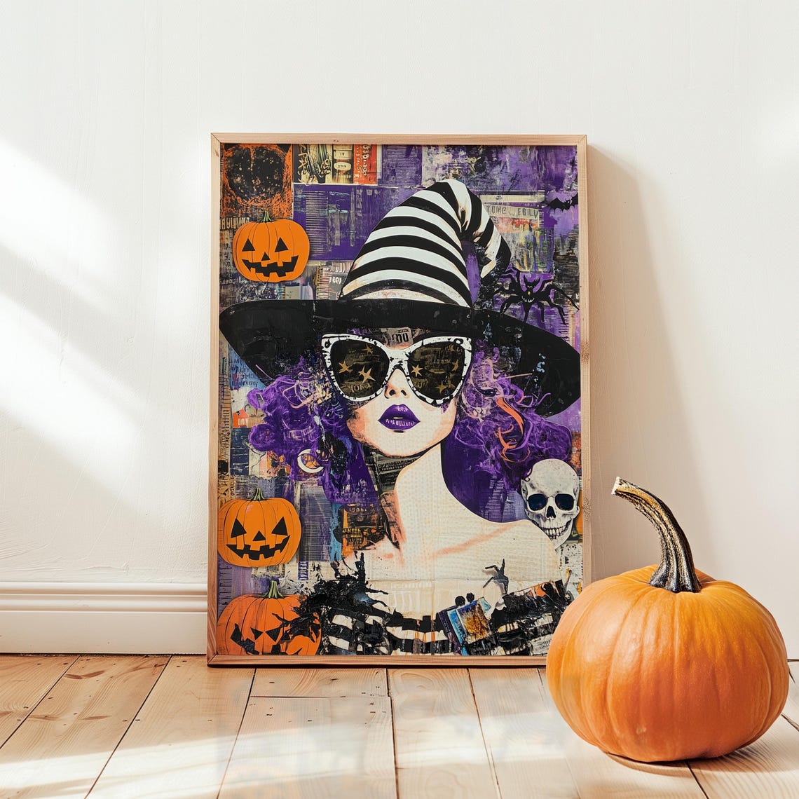 Funky Purple Hair Witch in Sunglasses Halloween Collage Art Poster