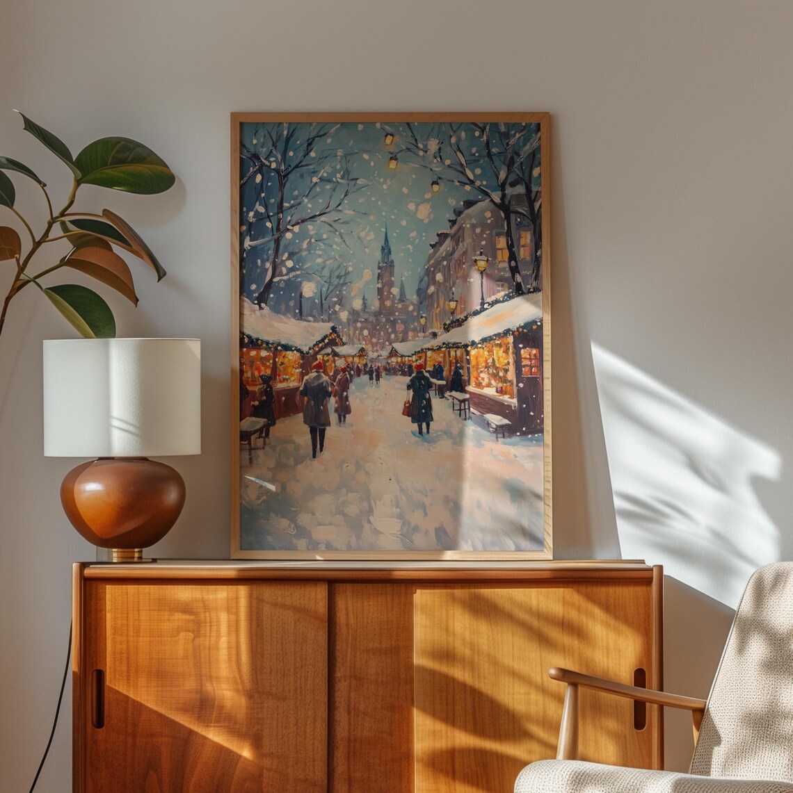 Snowy Christmas Market Street Charming Stalls Evening Lights Art Poster - Image 3