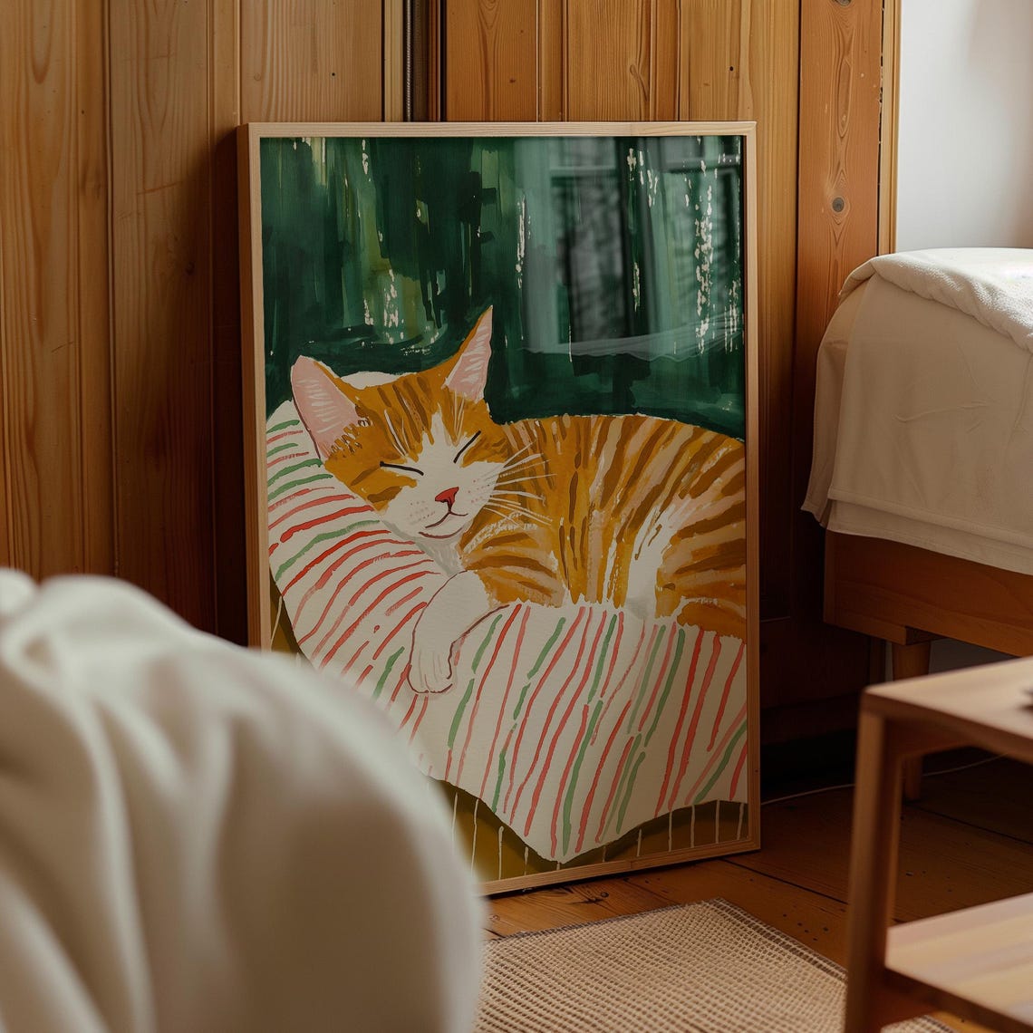 Orange Tabby Cat on Striped Pillow Dark Green Cozy Cat Poster - Image 4