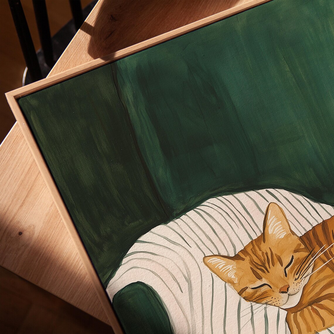 Sleeping Ginger Tabby Cat On Striped Chair Cozy Dark Green Illustration Poster - Image 2
