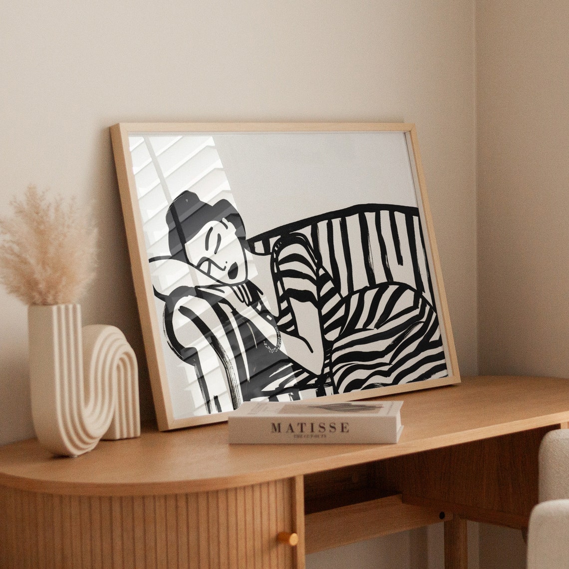 Modern Wall Art Elegant Woman In Black Stripes On Sofa Figurative Print Horizontal Large Wall Art Unique Line Drawing Instant - Image 3