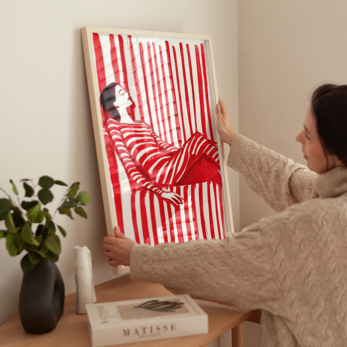 Red Striped Woman Reclining Among Vertical Stripes Art Poster - Image 4