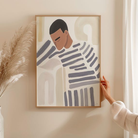 Man Abstract Portrait Print Modern Minimalist Wall Art Striped Shirt Illustration Neutral Tones Contemporary Decor