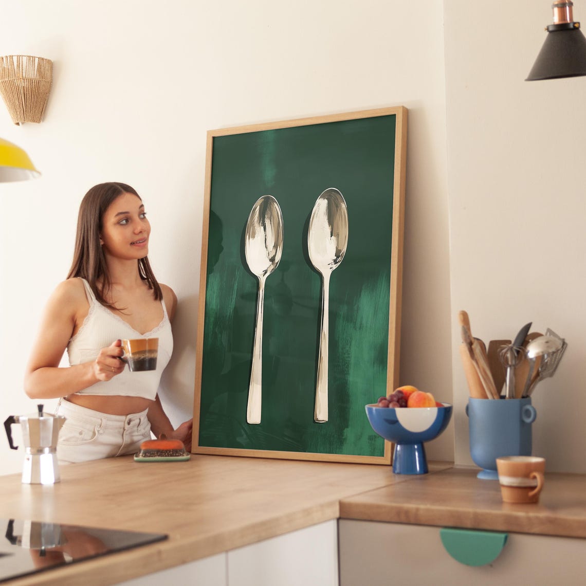Two Silver Spoons on Emerald Green Minimalist Kitchen Poster