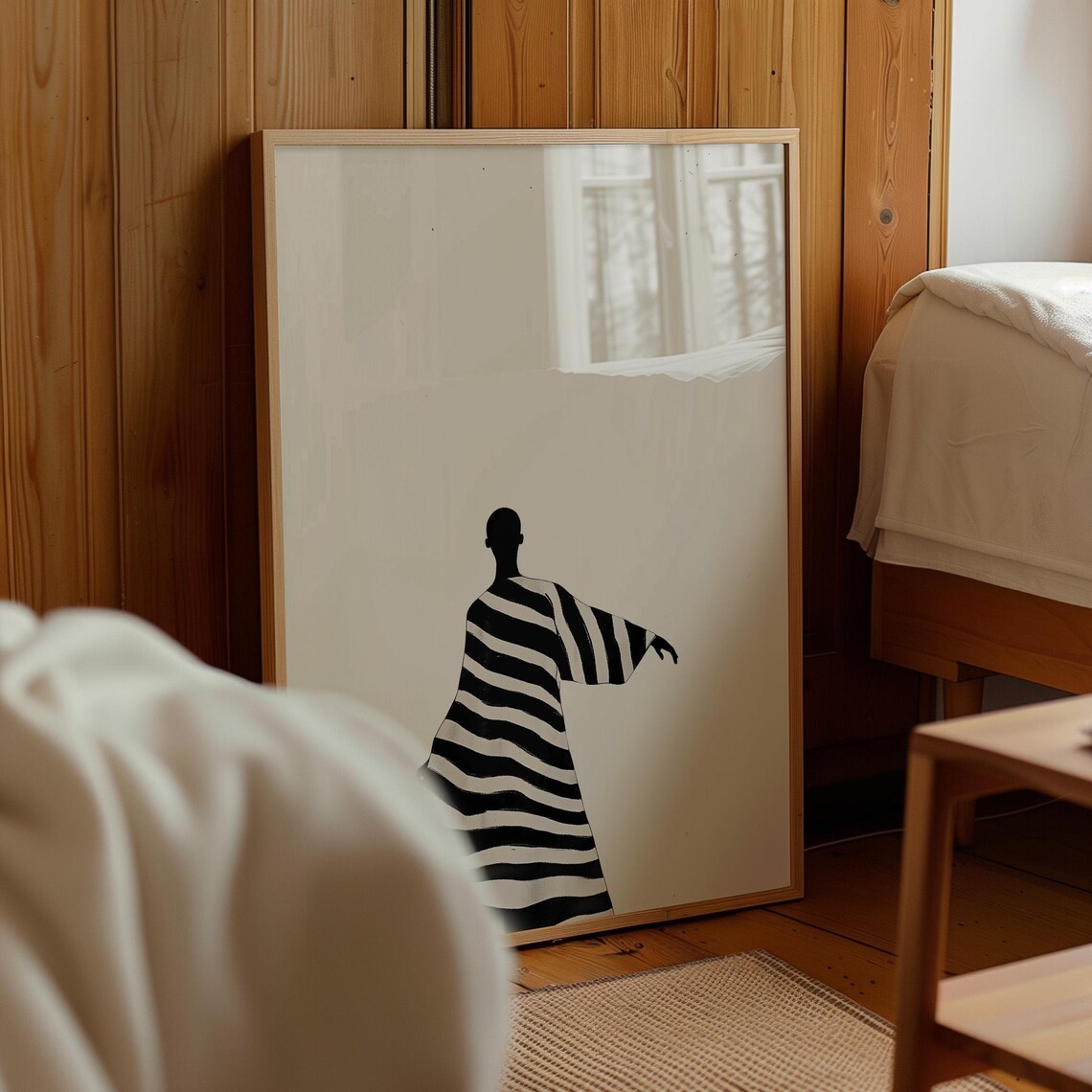 Woman In Striped Dress Minimalist Fashion Illustration Wall Art - Image 3