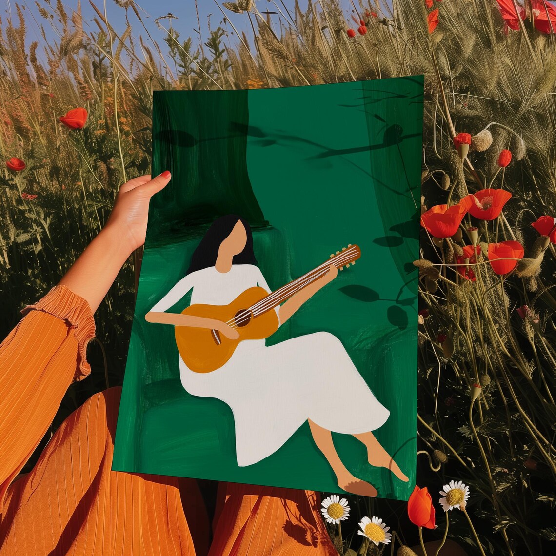 Minimalist Woman Playing Guitar, Music Room Decor