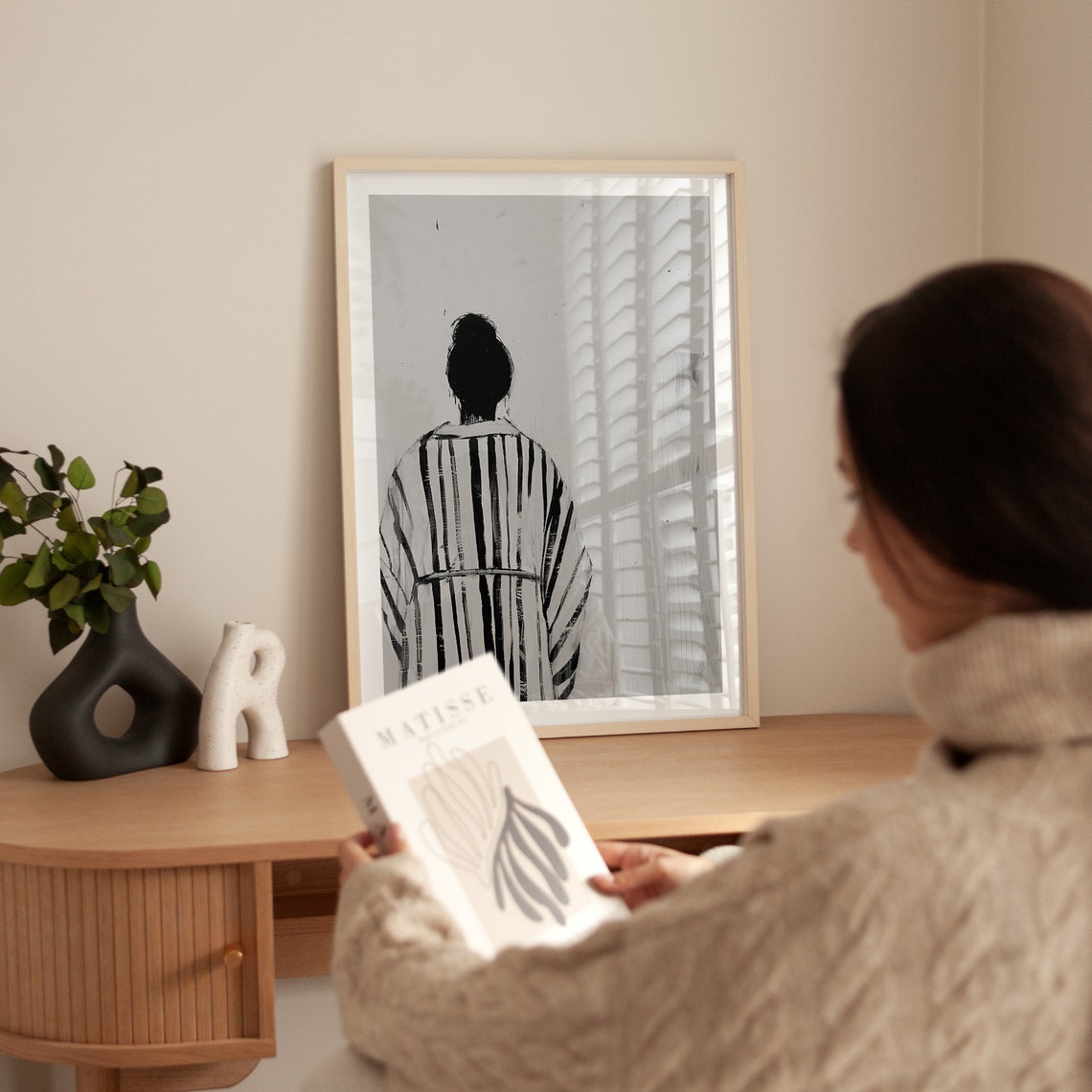 Back View Woman Striped Robe Gray Minimalist Solitude Ink Poster - Image 4