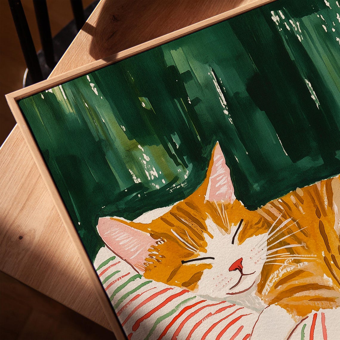 Orange Tabby Cat on Striped Pillow Dark Green Cozy Cat Poster - Image 3