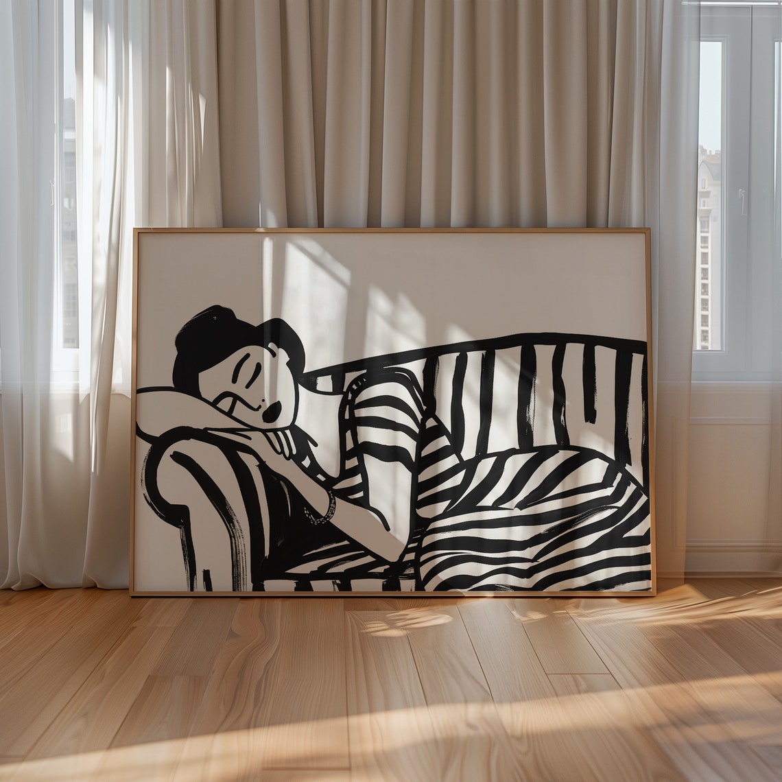 Modern Wall Art Elegant Woman In Black Stripes On Sofa Figurative Print Horizontal Large Wall Art Unique Line Drawing Instant