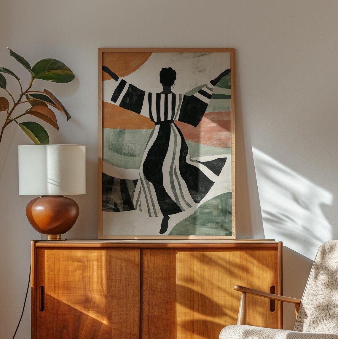 Dancing Woman In Striped Kimono Abstract Terracotta Sage Bold Artwork Poster - Image 2