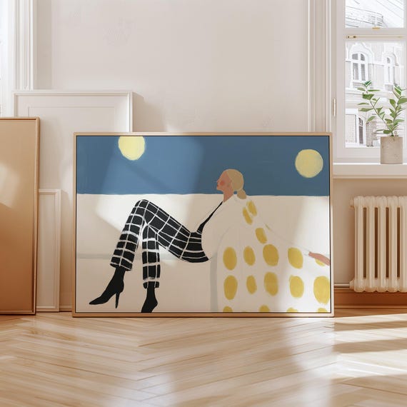 Minimalist Fashion Wall Art Modern Woman Illustration Abstract Moonlit Scene Black And White Checkered Outfit Yellow Polka Dot Accents