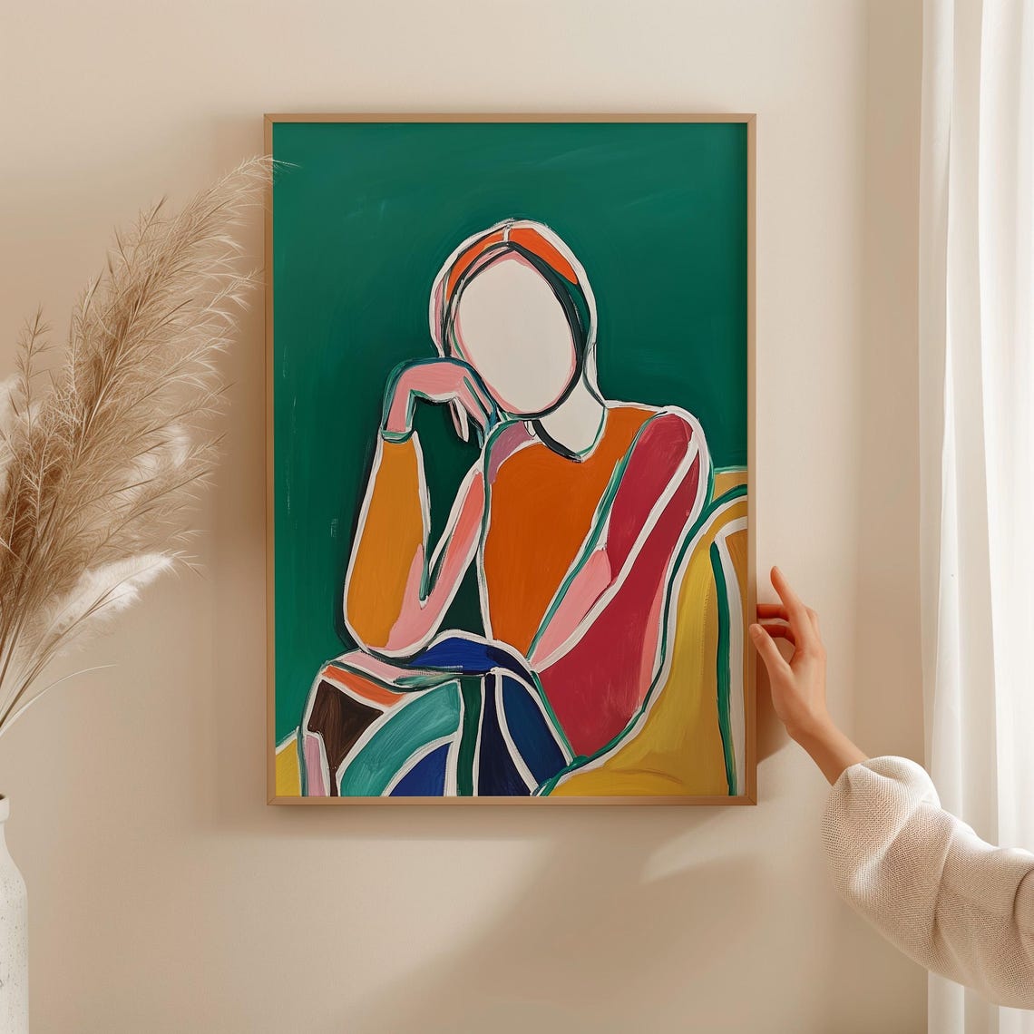 Colorful Abstract Contemplative Figure Against Emerald Green Poster