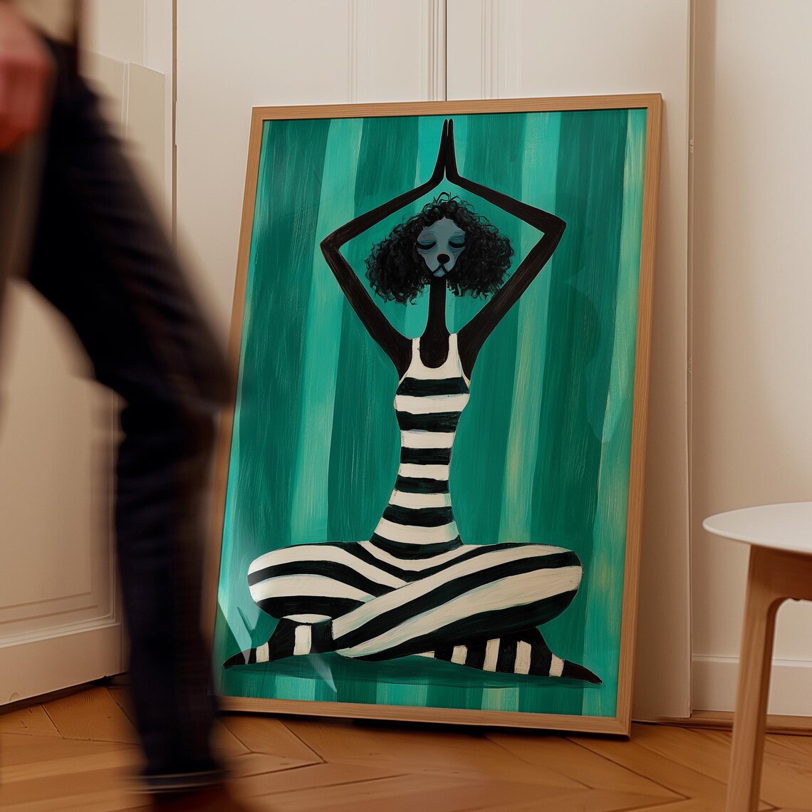Meditating Poodle in a Striped Yoga Pose on a Teal Ground Poster - Image 4