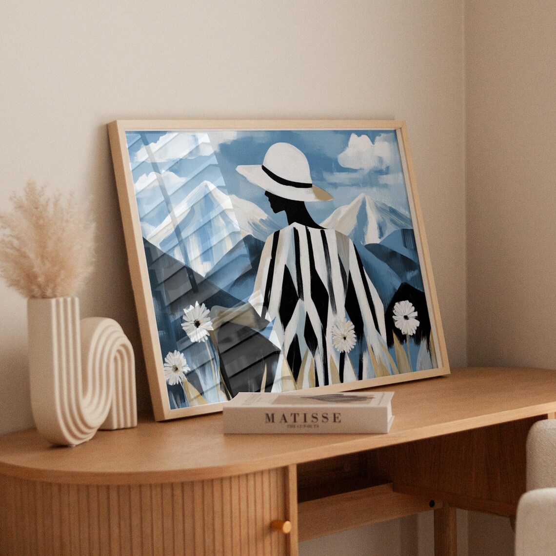 Minimalist Woman Mountain Poster, Floral Hat
