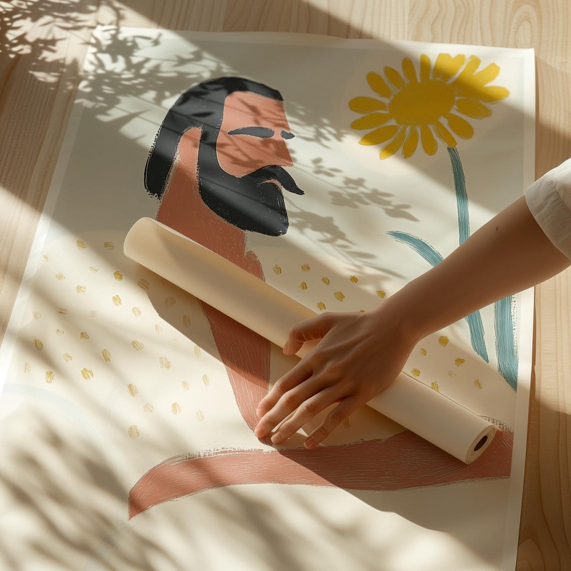 Bearded Man Profile With Yellow Sunflower And Dotted Robe Art Poster - Image 2
