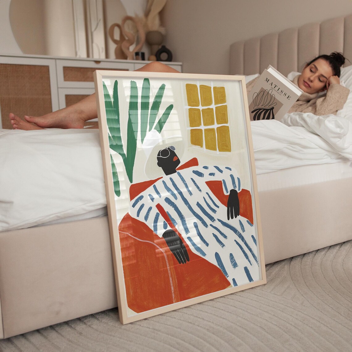 Lounging Figure in Stripes on Orange Sofa Colorful Minimalist Poster - Image 5