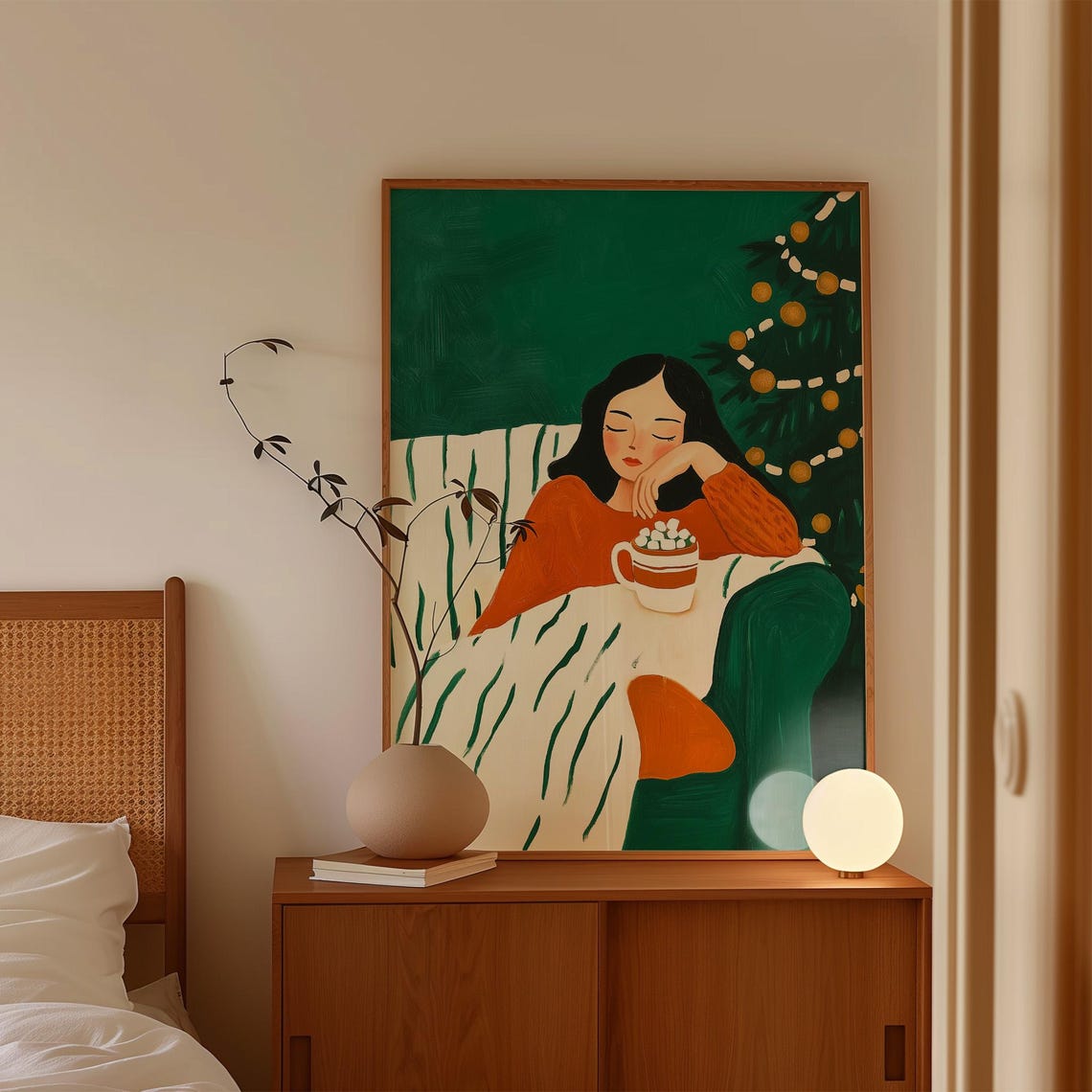 Woman in an Orange Sweater With Hot Cocoa by the Christmas Tree Poster - Image 4