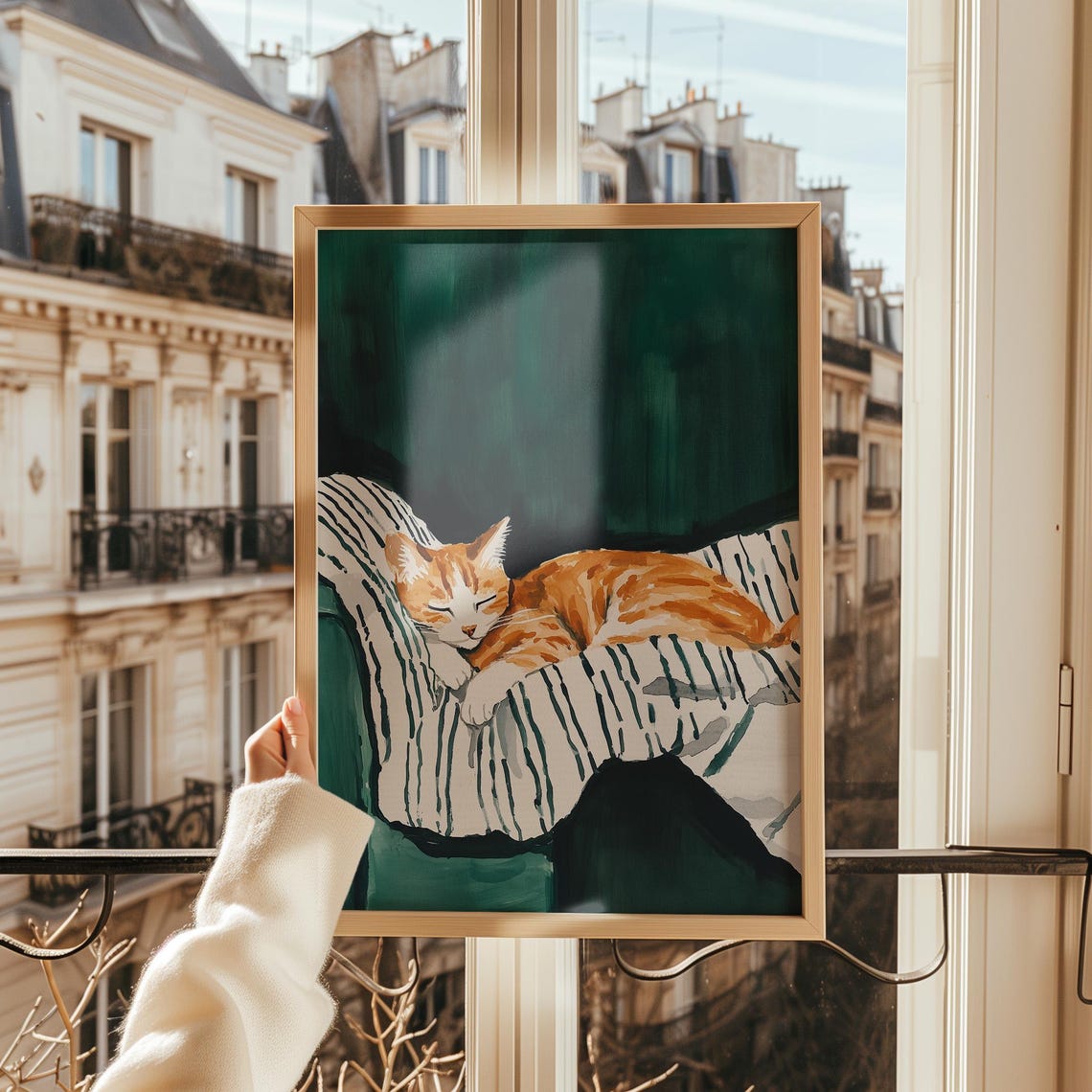 Sleeping Orange Tabby Cat Striped Blanket Emerald Green Pet Poster - Image 2
