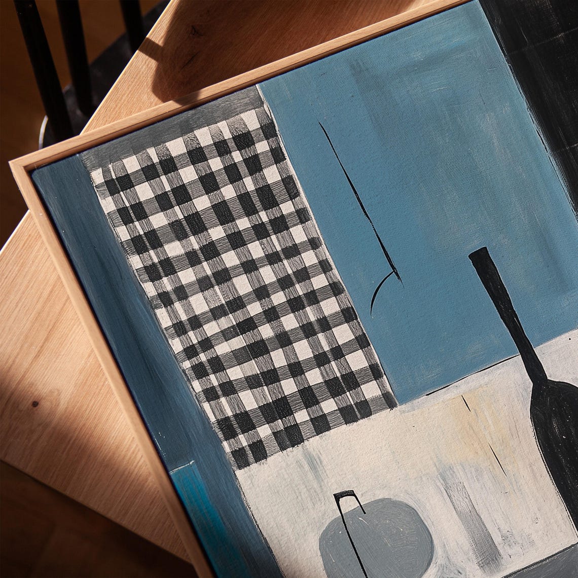Cubist Still Life With Checkered Panel And Black Bottle In Blue Print - Image 4