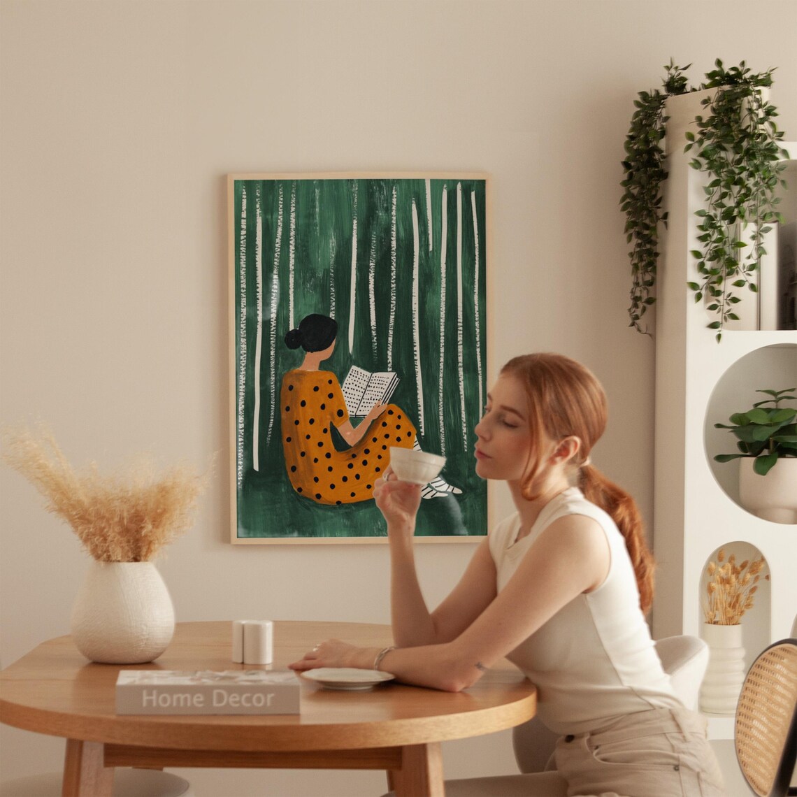 Woman Reading a Book in a Forest in a Yellow Polka Dot Dress Poster - Image 3